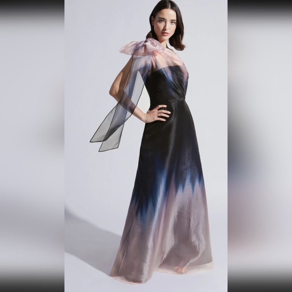 KAY UNGER VICTORIA OMBRE ORGANZA ONE SHOULDER GOWN IN BLACK/TEA ROSE /SZ:10